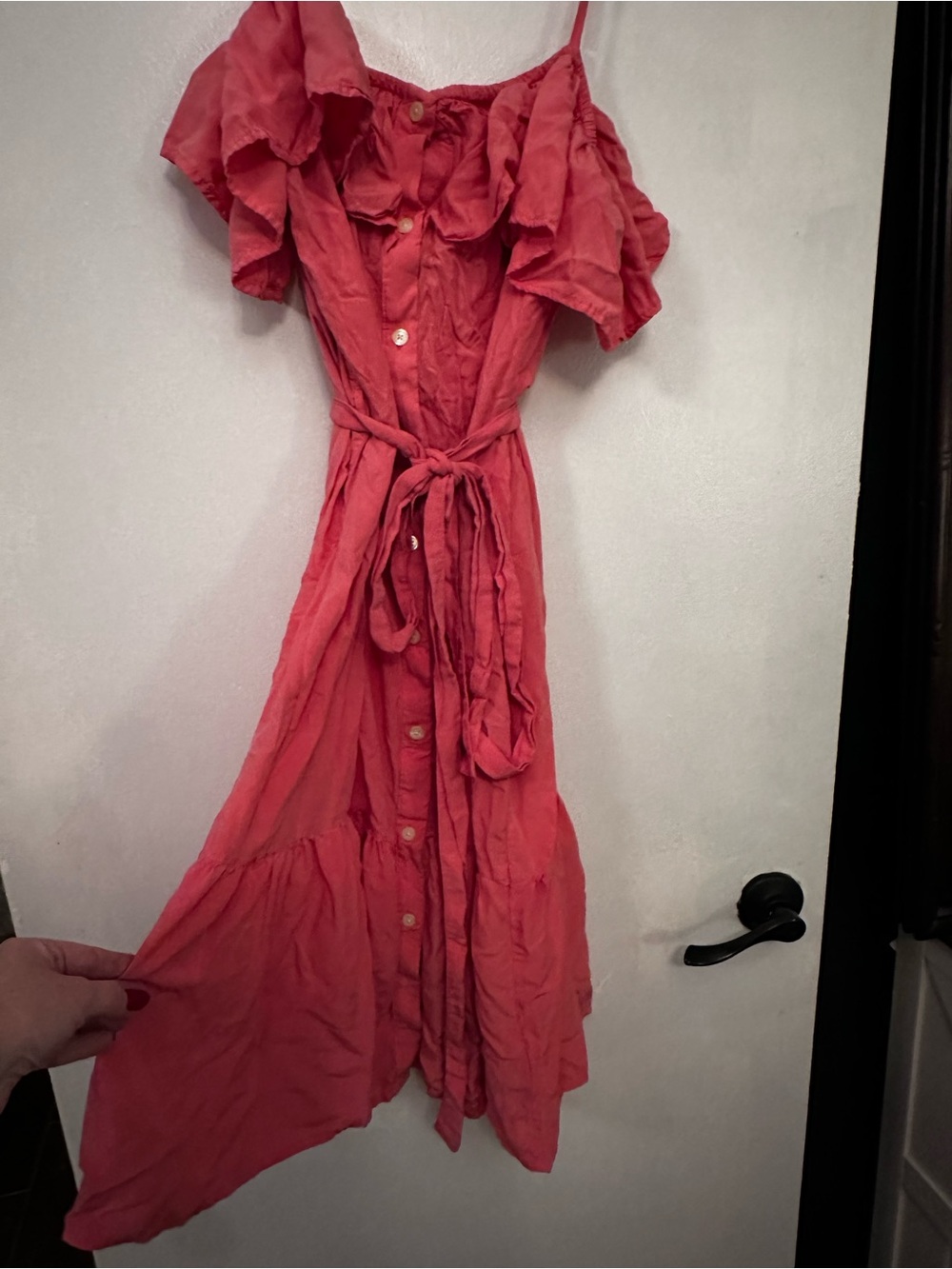 GAP Coral Off-Shoulder Ruffle Button-Front Maxi Dress